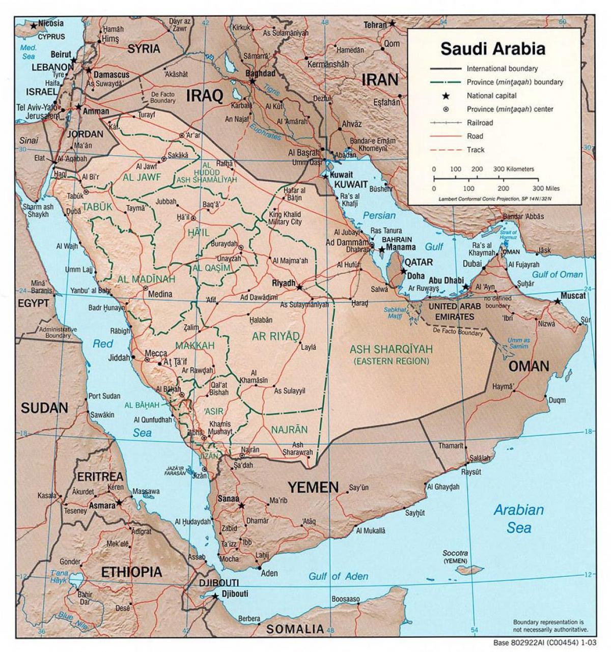 Karte Saūda Arābija ar pilsētām pa autoceļiem